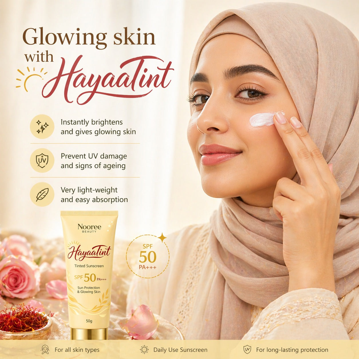 HayaaTint Kesar & Rose Water Tinted Sunscreen with SPF 50 PA+++