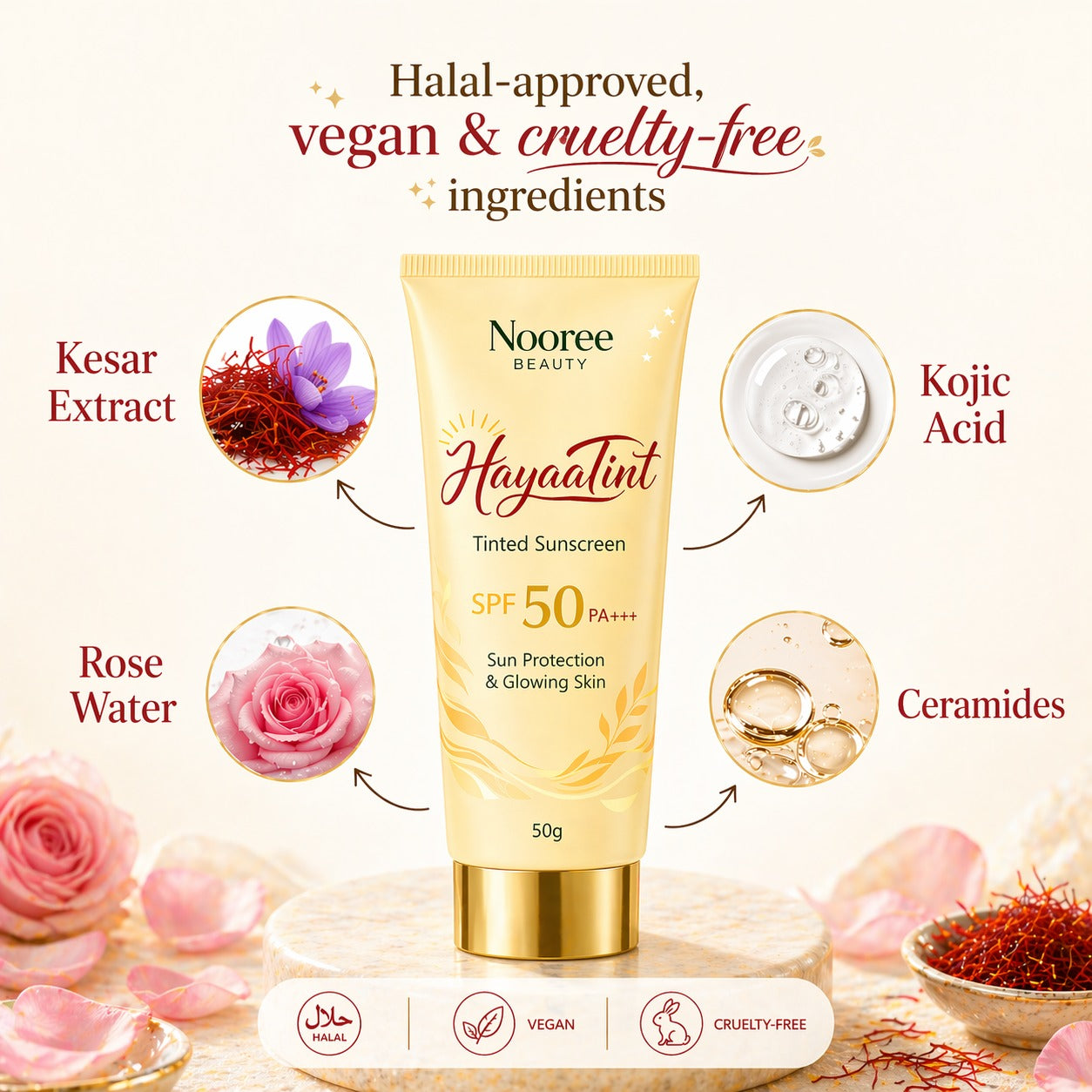 HayaaTint Kesar & Rose Water Tinted Sunscreen with SPF 50 PA+++